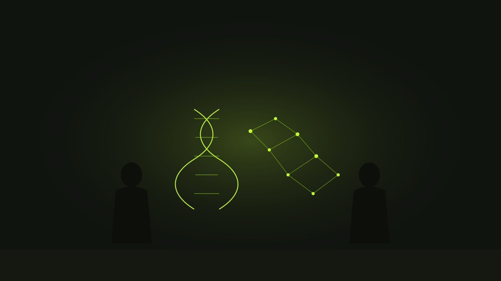 Illustration: two figures facing each other, a DNA helix transforming into a neural network between them