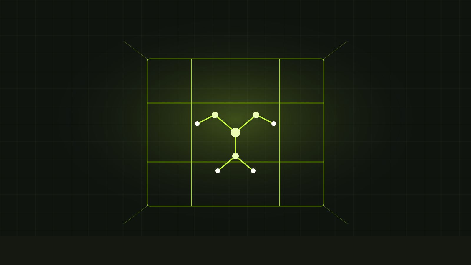 Illustration: a molecular structure suspended inside a mechanical rig, being generated